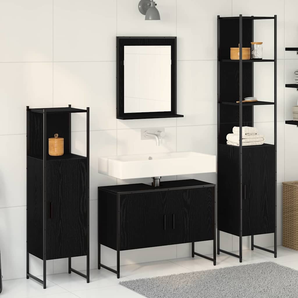 Schwarzes Badezimmermöbel-Set mit Regal, 4-teilig