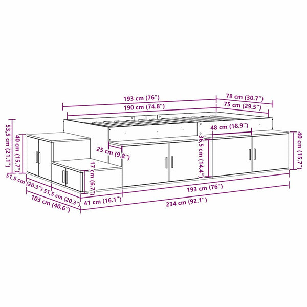vidaXL Storage Bed Frame Sonoma Oak 75 cm Engineered Wood