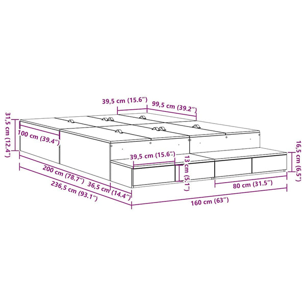 vidaXL Storage Bed Frame Concrete Grey 160 cm Engineered Wood