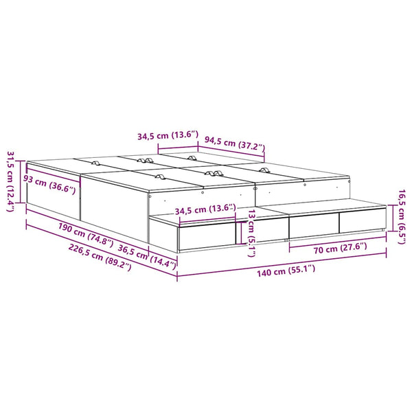 vidaXL Storage Bed Frame Smoked Oak 140 cm Engineered Wood
