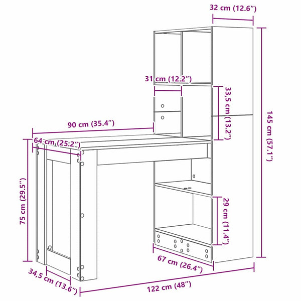 vidaXL Desk Grey Sonoma 122 x 67 x 145 cm Engineered Wood