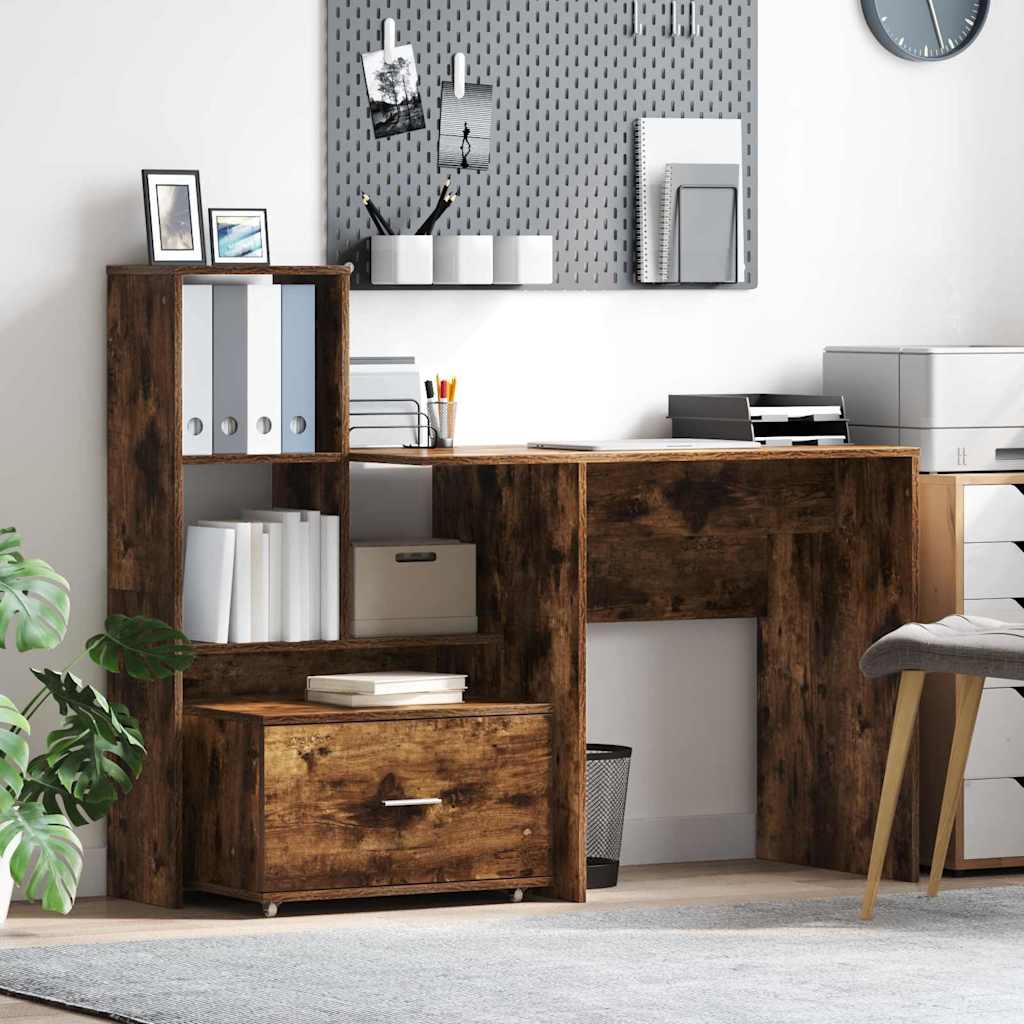 vidaXL Desk with Shelves Smoked Oak 131.5 x 50 x 106.5 cm