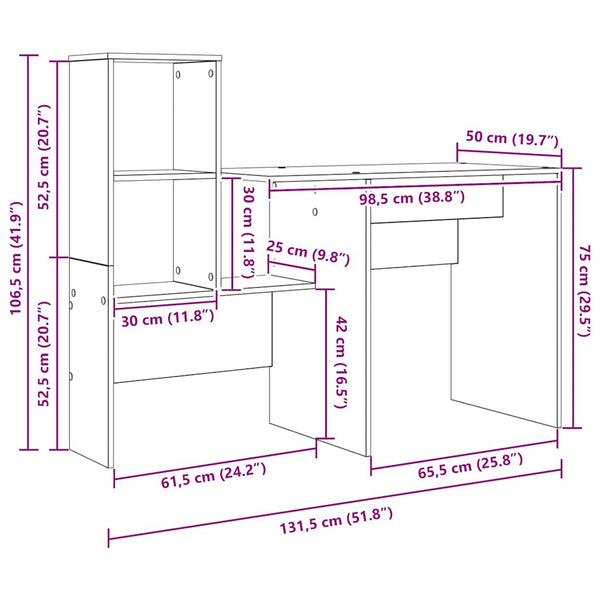 vidaXL Desk Grey Sonoma 131.5 x 50 x 106.5 cm Engineered Wood