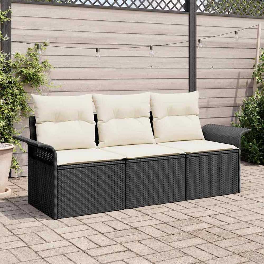 vidaXL Sofa Set with Cushions 3 pcs Black Poly Rattan
