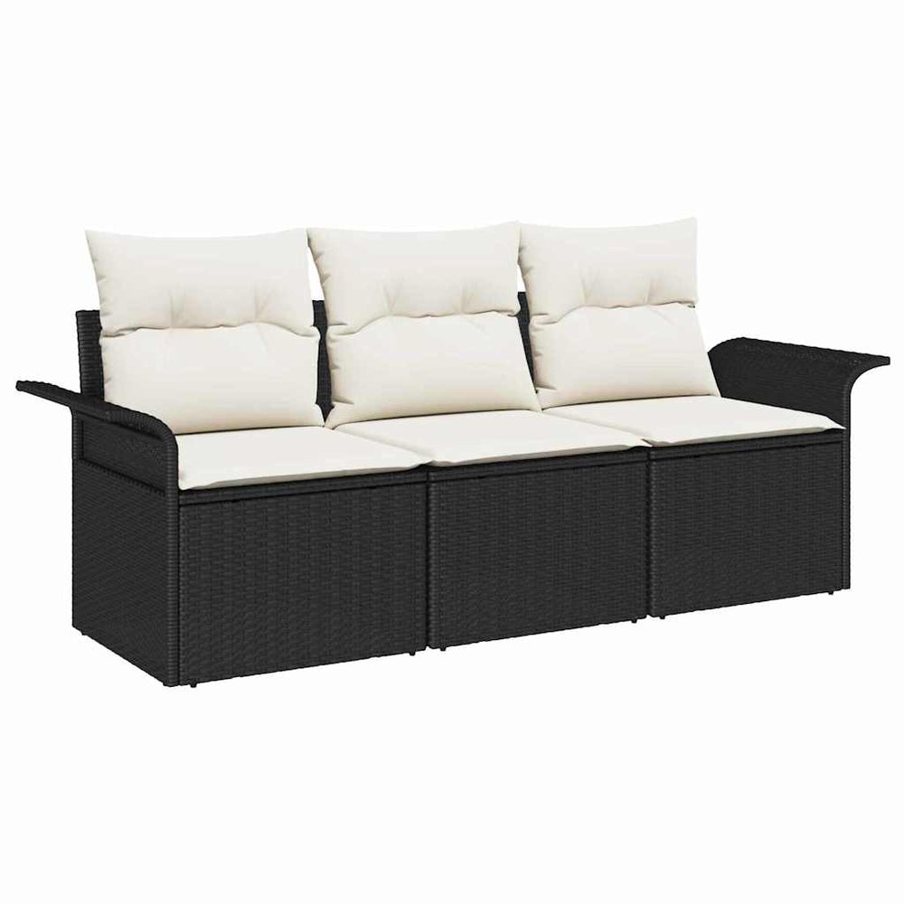 vidaXL Sofa Set with Cushions 3 pcs Black Poly Rattan