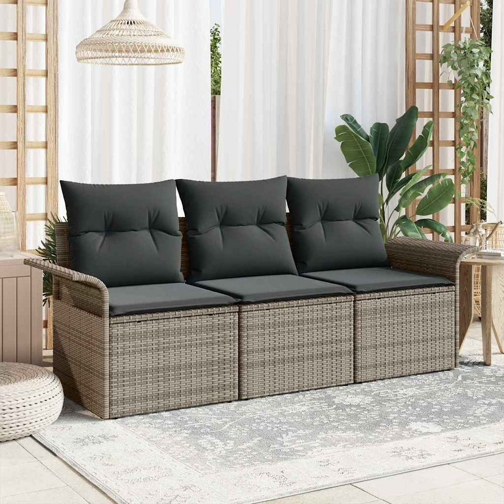 vidaXL Sofa Set with Cushions 3 pcs Grey Poly Rattan