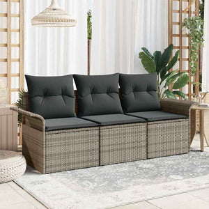vidaXL Sofa Set with Cushions 3 pcs Grey Poly Rattan