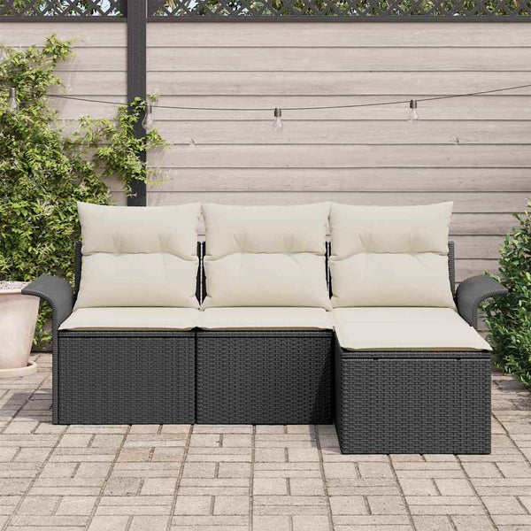vidaXL Sofa Set with Cushions 4 pcs Black and Cream Poly Rattan