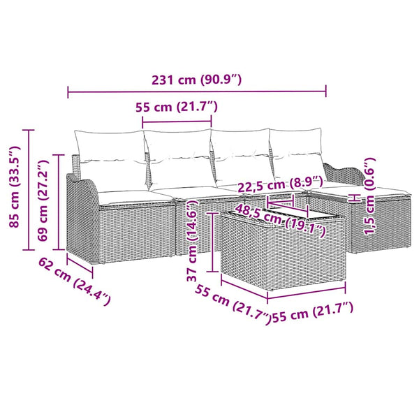 vidaXL Garden Sofa Set 6 pcs Light Grey Poly Rattan