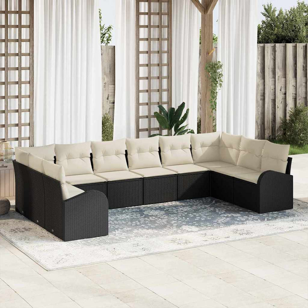 vidaXL Sofa Set with Cushions 10 pcs Black Poly Rattan