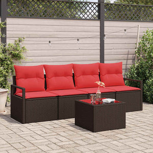 vidaXL Sofa Set 5 Pieces Brown and Red Poly Rattan