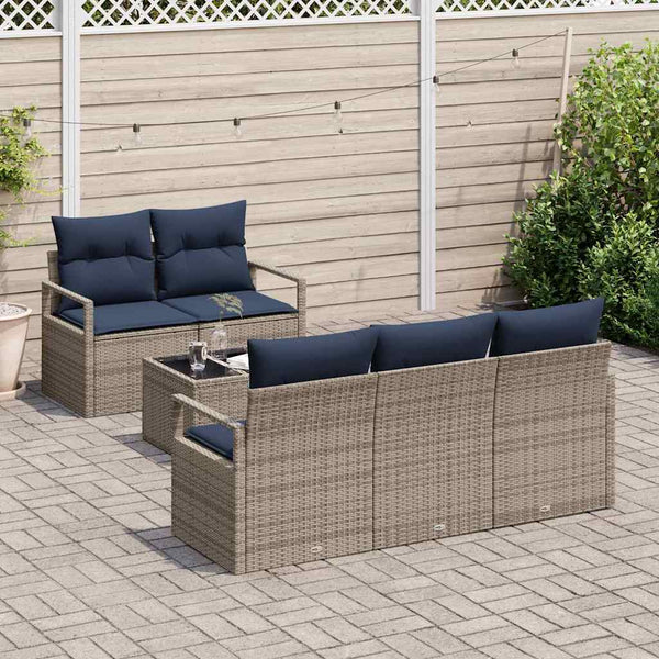 Gartenmöbel Set, Poly-Rattan, Grau/Marineblau, 6-teilig