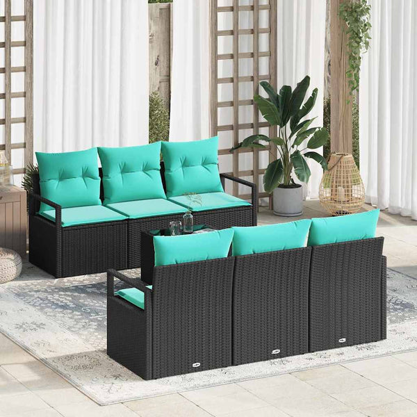 Schwarz Türkis Poly Rattan Sofa Set mit Kissen