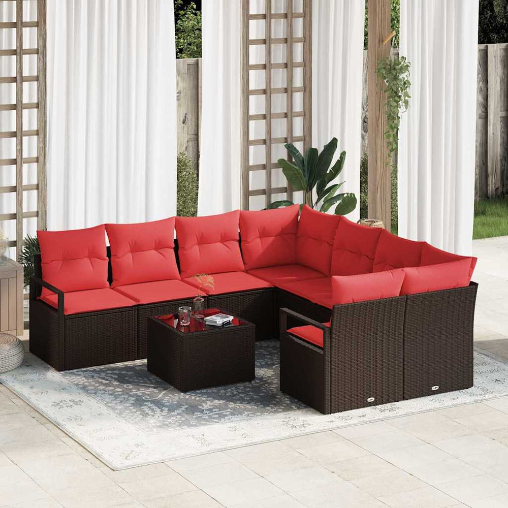 Poly Rattan Sofa Set Braun/Rot, 9-teilig