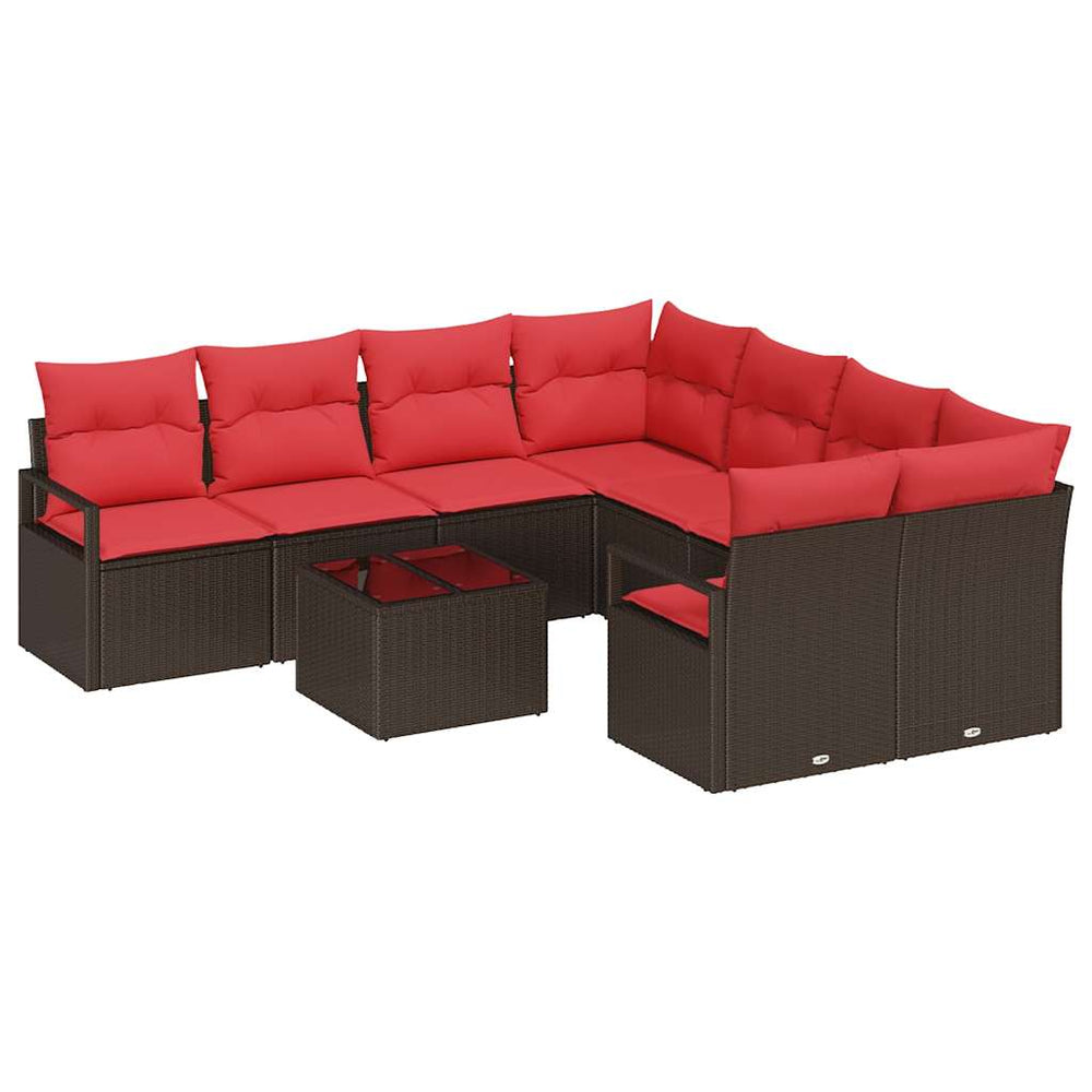 Poly Rattan Sofa Set Braun/Rot, 9-teilig