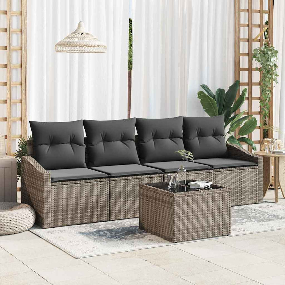 vidaXL Sofa Set with Cushions with Cushions 5 pcs Grey Poly Rattan