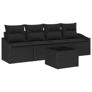 vidaXL Sofa Set with Cushions 5 pcs Black Poly Rattan