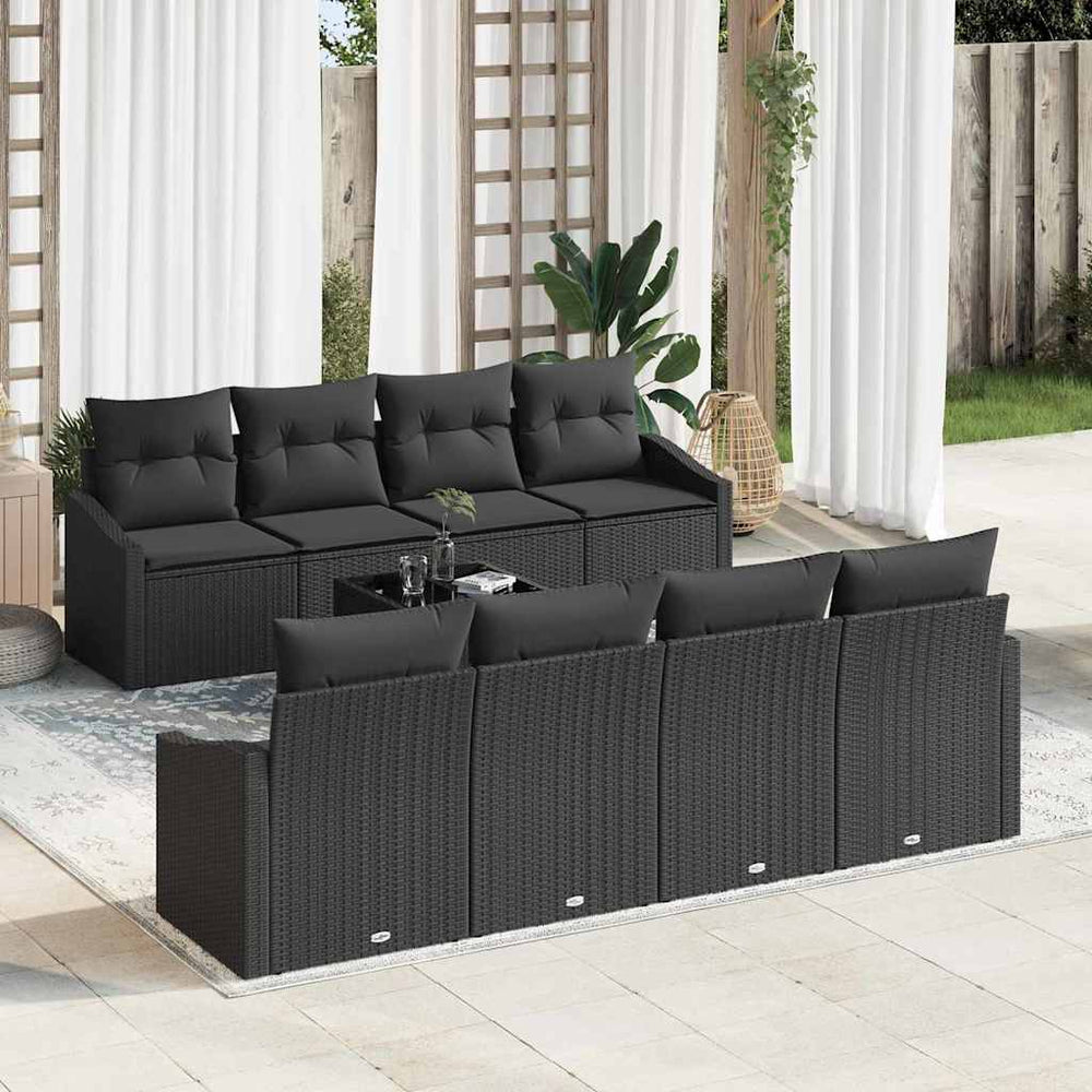 vidaXL Sofa Set with Cushions 9 pcs Black Poly Rattan