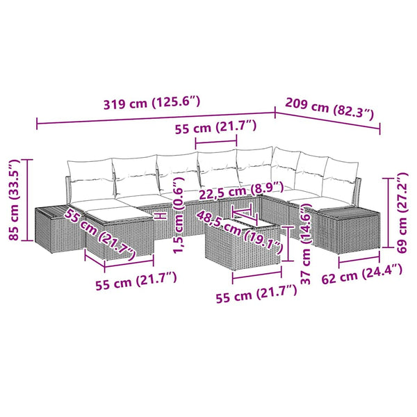 vidaXL 9-Piece Poly Rattan Garden Sofa Set with Cushions