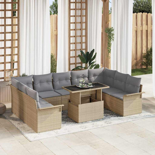 vidaXL Sofa Set with Cushions 10 pcs Beige Poly Rattan