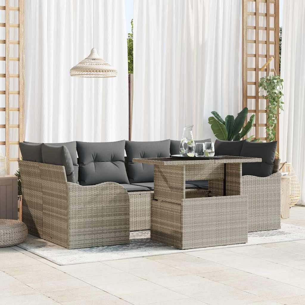 vidaXL 7-Piece Outdoor Sofa Set with Cushions Light Gray and Gray Poly Rattan