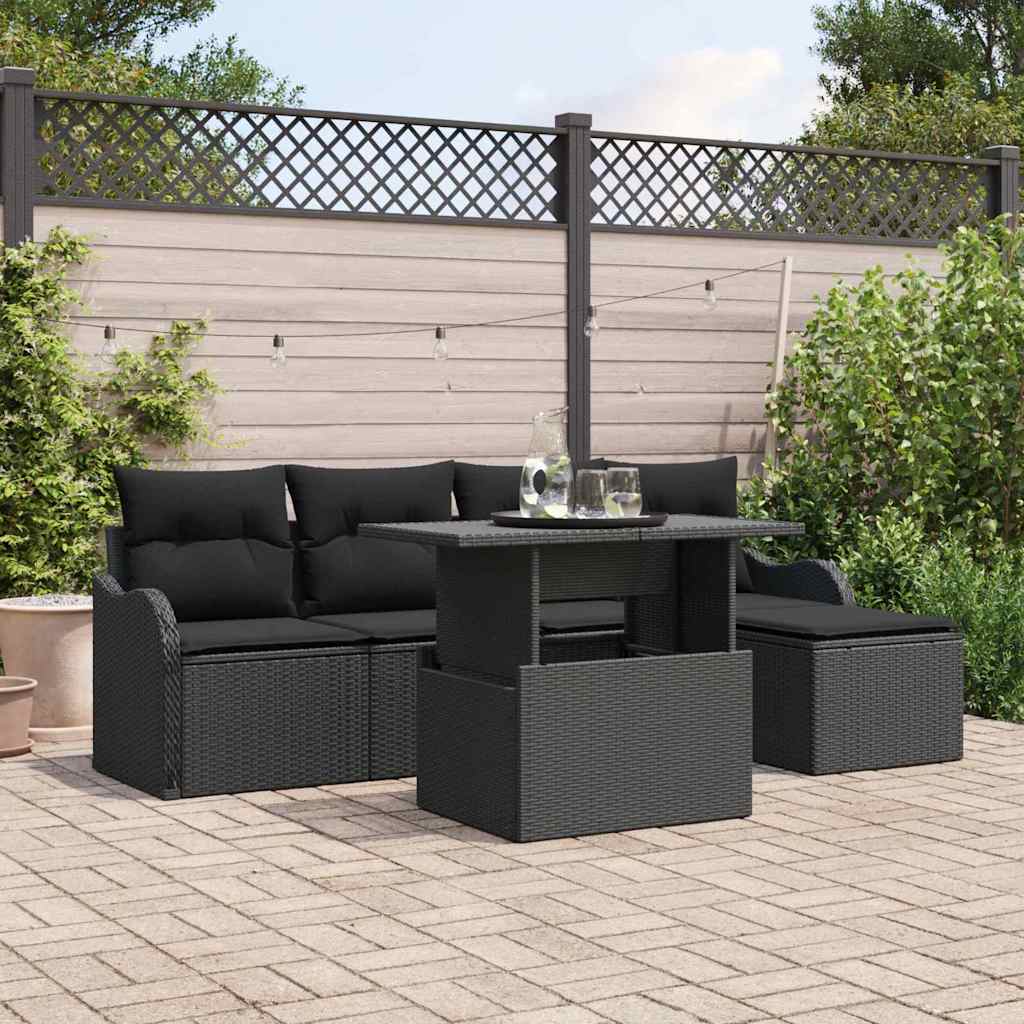 vidaXL 6-Piece Outdoor Lounge Set with Cushions Black Poly Rattan