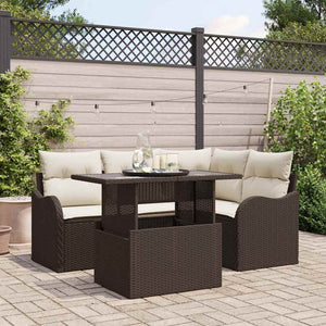 vidaXL 5-Piece Brown Poly Rattan Outdoor Table and Chair Set with Cushions