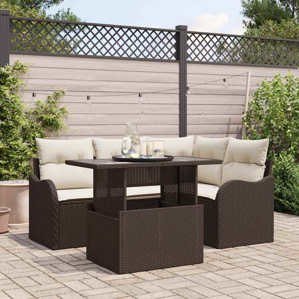 vidaXL 5-Piece Brown Poly Rattan Outdoor Table and Chair Set with Cushions