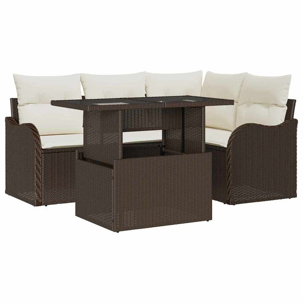 vidaXL 5-Piece Brown Poly Rattan Outdoor Table and Chair Set with Cushions