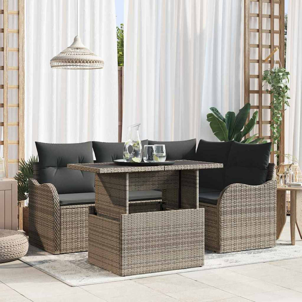 vidaXL 5-Piece Grey Poly Rattan Outdoor Dining Set with Cushions