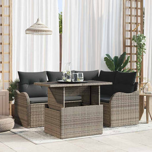 vidaXL 5-Piece Grey Poly Rattan Outdoor Dining Set with Cushions