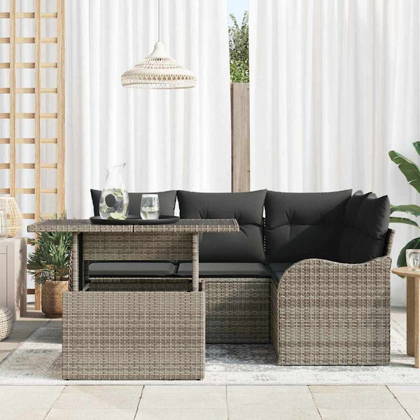 vidaXL 5-Piece Grey Poly Rattan Outdoor Dining Set with Cushions