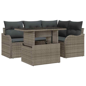 vidaXL 5-Piece Grey Poly Rattan Outdoor Dining Set with Cushions