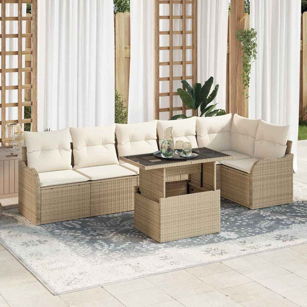 vidaXL Sofa Set with Cushions 7 pcs Beige Poly Rattan