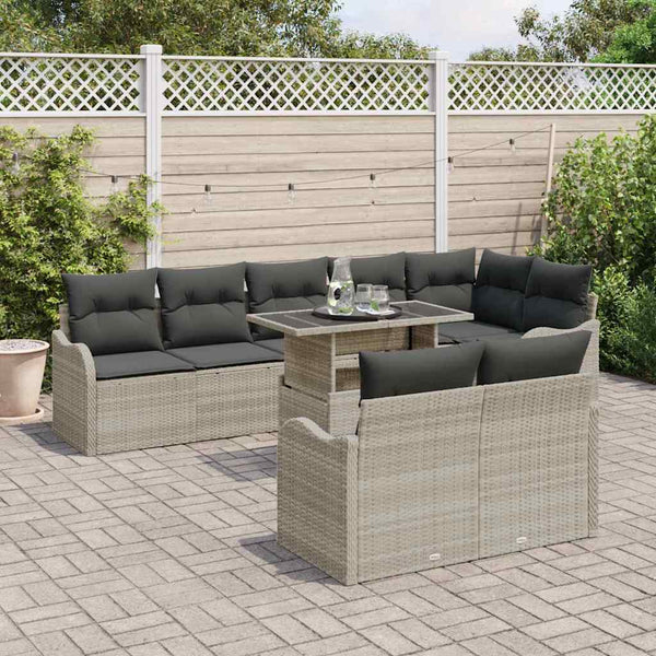 vidaXL Lounge Set with Cushions 9 pcs Light Grey Poly Rattan