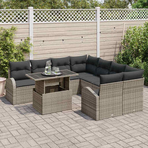 vidaXL Garden Sofa Set with Storage 9 pcs Grey Poly Rattan
