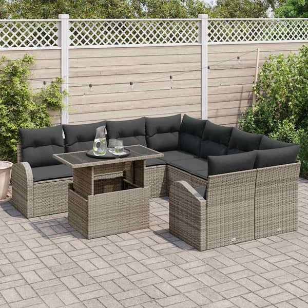 vidaXL Garden Sofa Set with Storage 9 pcs Grey Poly Rattan