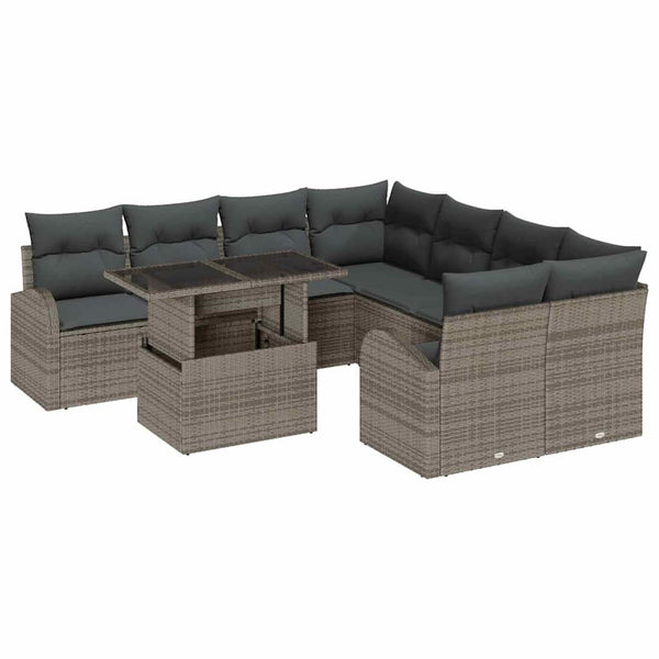 vidaXL Garden Sofa Set with Storage 9 pcs Grey Poly Rattan
