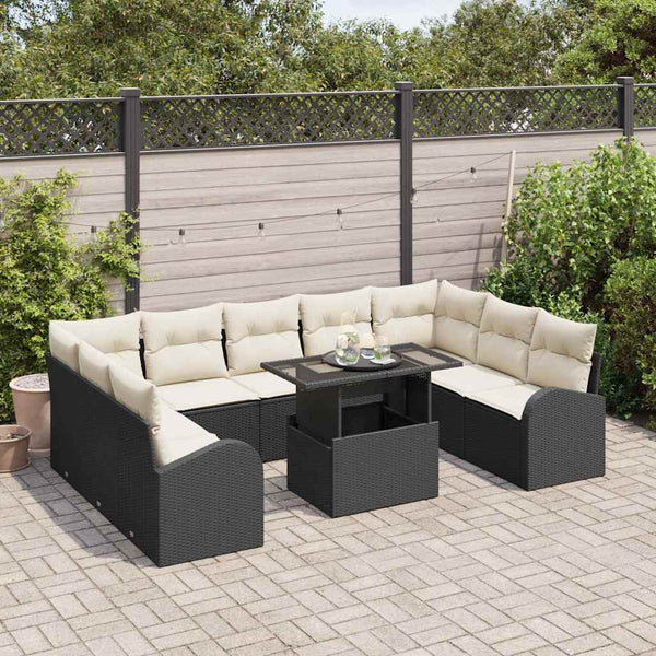 vidaXL Garden Sofa Set with Cushions 10 pcs Black and Cream Poly Rattan