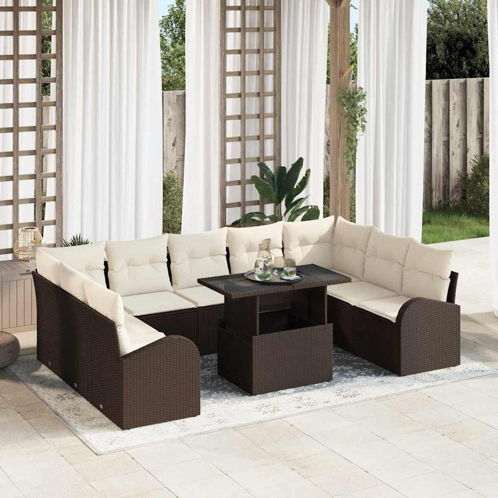 vidaXL Garden Sofa Set with Storage 10 pcs Brown and Cream Poly Rattan