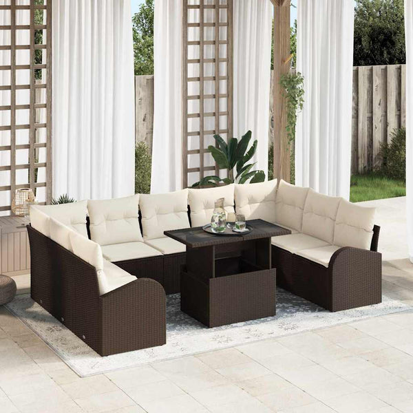 vidaXL Garden Sofa Set with Storage 10 pcs Brown and Cream Poly Rattan