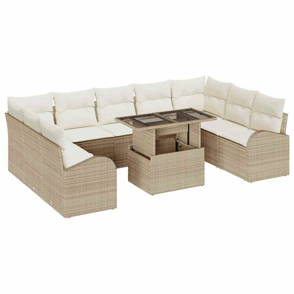 vidaXL Garden Sofa Set with Storage 10 pcs Beige and Cream Poly Rattan