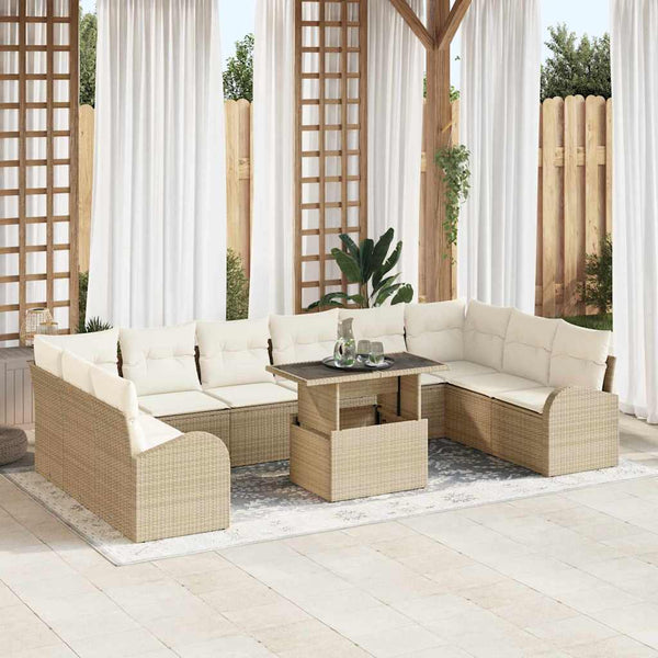 vidaXL Garden Sofa Set with Storage 11 pcs Beige and Cream Poly Rattan