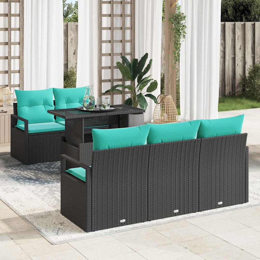 vidaXL Garden Sofa Set with Storage 6 pcs Black and Blue Poly Rattan