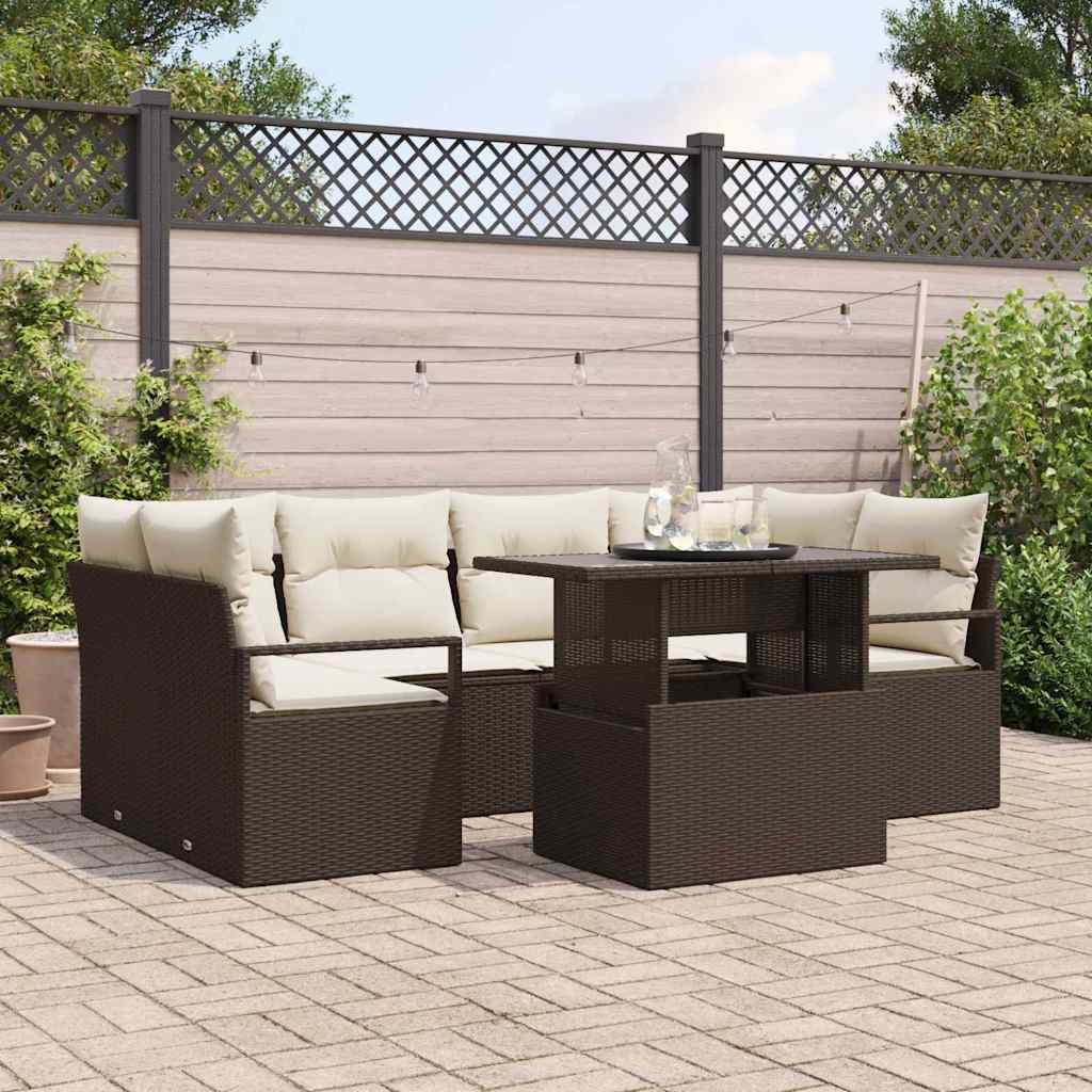 vidaXL Garden Sofa Set with Storage with Cushions 7 pcs Brown Poly Rattan