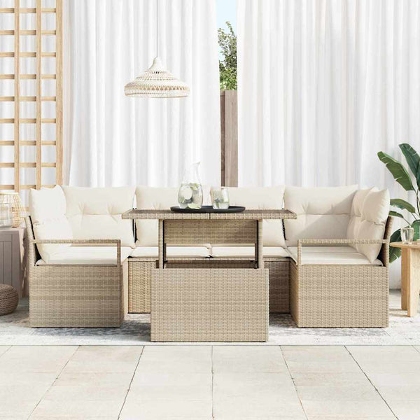 vidaXL 7-Piece Outdoor Sofa Set with Storage and Cushions Beige Poly Rattan