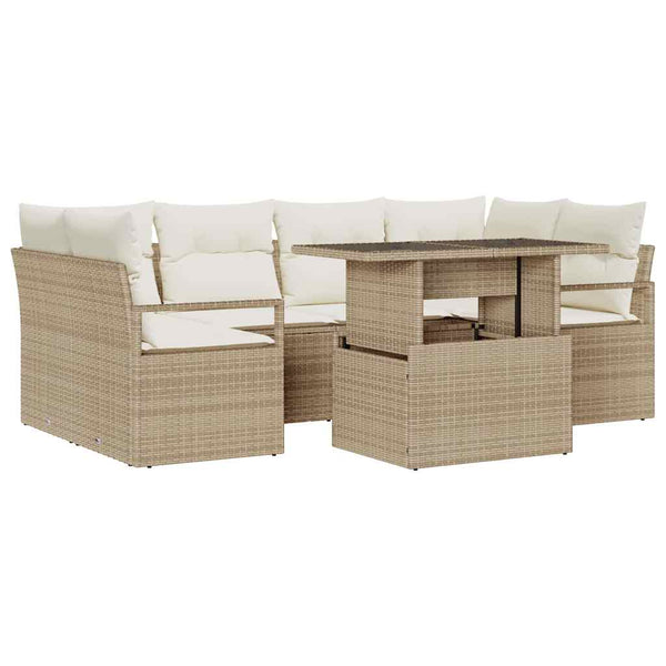 vidaXL 7-Piece Outdoor Sofa Set with Storage and Cushions Beige Poly Rattan