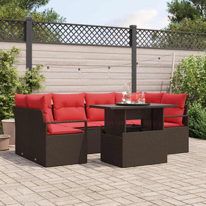 vidaXL Garden Sofa Set with Cushions 7 pcs Brown and Red Poly Rattan