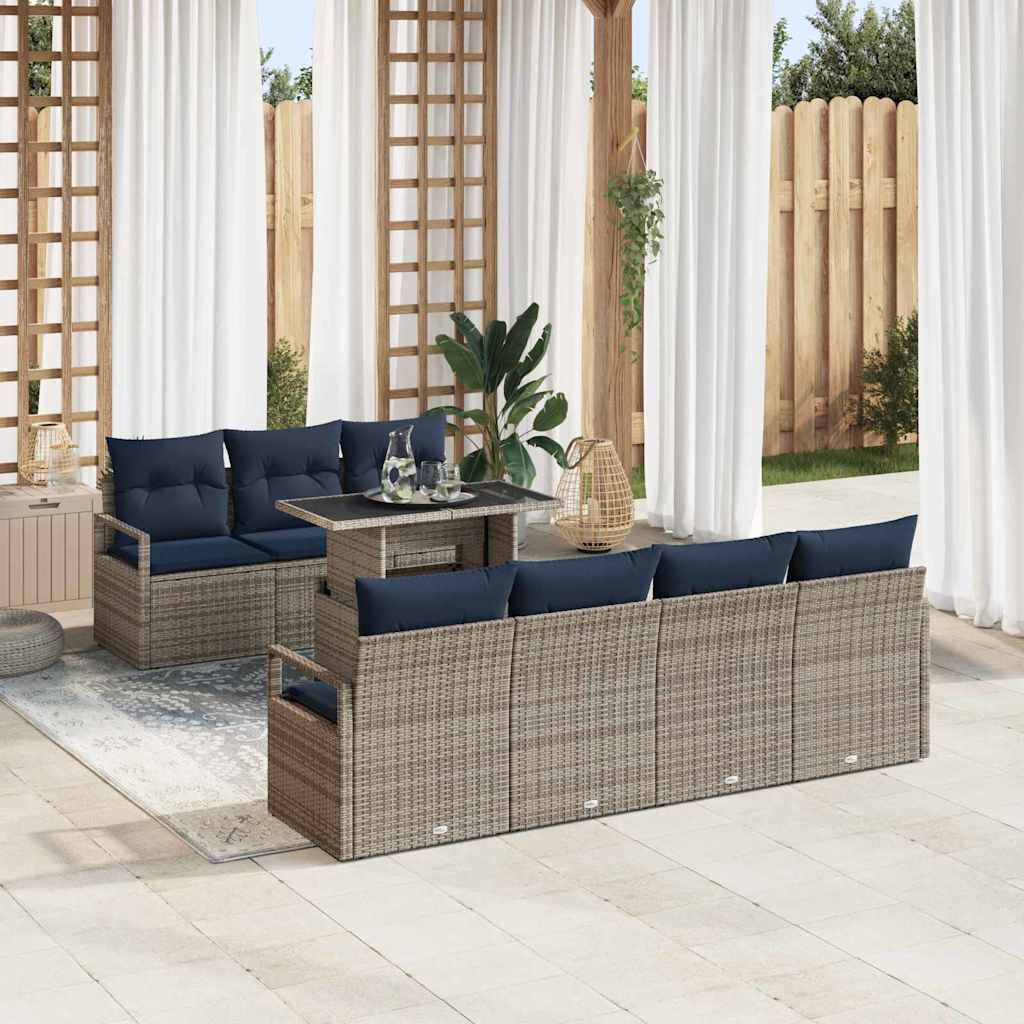 vidaXL Garden Sofa Set with Cushions 8 pcs Grey and Navy Blue Poly Rattan