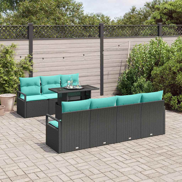 vidaXL Garden Sofa Set with Storage 8 pcs Black and Blue Poly Rattan